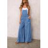 imagechouyatou Women Spaghetti Strap Wide Leg Denim Bib Overalls Jeans Casual Distressed Baggy Denim JumpsuitBlue
