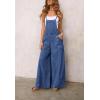 imagechouyatou Women Spaghetti Strap Wide Leg Denim Bib Overalls Jeans Casual Distressed Baggy Denim JumpsuitDark Blue