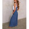 imagechouyatou Women Spaghetti Strap Wide Leg Denim Bib Overalls Jeans Casual Distressed Baggy Denim JumpsuitDark Blue