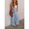 imagechouyatou Women Spaghetti Strap Wide Leg Denim Bib Overalls Jeans Casual Distressed Baggy Denim JumpsuitLight Blue