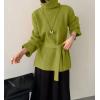 imagechouyatou Womens Casual Turtleneck Belted Sweaters Ribbed Knit Slouchy Pullover Sweater Tunic Tops with Side SlitGreen