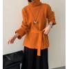 imagechouyatou Womens Casual Turtleneck Belted Sweaters Ribbed Knit Slouchy Pullover Sweater Tunic Tops with Side SlitOrange
