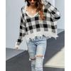 imagechouyatou Womens Cute Y2k Ripped Sweater Frayed VNeck LooseFit Floral Knitted Pullover Crop TopChecked Black