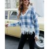 imagechouyatou Womens Cute Y2k Ripped Sweater Frayed VNeck LooseFit Floral Knitted Pullover Crop TopChecked Blue
