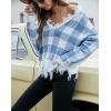 imagechouyatou Womens Cute Y2k Ripped Sweater Frayed VNeck LooseFit Floral Knitted Pullover Crop TopChecked Blue