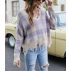 imagechouyatou Womens Cute Y2k Ripped Sweater Frayed VNeck LooseFit Floral Knitted Pullover Crop TopChecked Purple