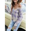 imagechouyatou Womens Cute Y2k Ripped Sweater Frayed VNeck LooseFit Floral Knitted Pullover Crop TopChecked Purple