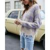 imagechouyatou Womens Cute Y2k Ripped Sweater Frayed VNeck LooseFit Floral Knitted Pullover Crop TopChecked Purple