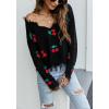 imagechouyatou Womens Cute Y2k Ripped Sweater Frayed VNeck LooseFit Floral Knitted Pullover Crop TopCherry Black