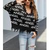imagechouyatou Womens Cute Y2k Ripped Sweater Frayed VNeck LooseFit Floral Knitted Pullover Crop TopLetter Black