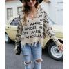 imagechouyatou Womens Cute Y2k Ripped Sweater Frayed VNeck LooseFit Floral Knitted Pullover Crop TopLetter Khaki