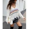 imagechouyatou Womens Cute Y2k Ripped Sweater Frayed VNeck LooseFit Floral Knitted Pullover Crop TopStriped White