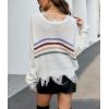 imagechouyatou Womens Cute Y2k Ripped Sweater Frayed VNeck LooseFit Floral Knitted Pullover Crop TopStriped White