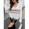 imagechouyatou Womens Cute Y2k Ripped Sweater Frayed VNeck LooseFit Floral Knitted Pullover Crop TopStriped White