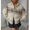 imagechouyatou Womens Fair Isle Sweater Coat Tribal Aztec Floral Zip Up Vintage Shawl Collar Knit CardiganApricot