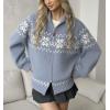 imagechouyatou Womens Fair Isle Sweater Coat Tribal Aztec Floral Zip Up Vintage Shawl Collar Knit CardiganBlue Grey