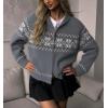 imagechouyatou Womens Fair Isle Sweater Coat Tribal Aztec Floral Zip Up Vintage Shawl Collar Knit CardiganGrey
