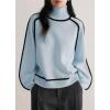 imagechouyatou Womens Fall Turtleneck Sweater Contrast Ribbed Knit Jumper Pullover Tops Casual Loose KnitwearLight Blue
