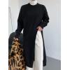 imagechouyatou Womens Sexy High Slit Long Sweaters Casual Crewneck Slouchy Tunic Sweater Pullover Knit Jumper TopsBlack
