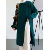 imagechouyatou Womens Sexy High Slit Long Sweaters Casual Crewneck Slouchy Tunic Sweater Pullover Knit Jumper TopsBlackish Green
