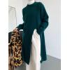 imagechouyatou Womens Sexy High Slit Long Sweaters Casual Crewneck Slouchy Tunic Sweater Pullover Knit Jumper TopsBlackish Green