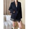 imagechouyatou Womens Shawl Collar Open Front Sweater Cardigan Chunky Knit Kimono Coat Outerwear with BeltBlack