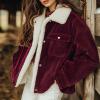 imagechouyatou Womens Winter Sherpa Fleece Lined Corduroy Coat Button Down Warm Faux Fur Jacket OuterwearBurgundy