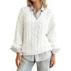 imagechouyatou Women Fall Notch VNeck Cable Knit Pullover Sweater Loose Winter Chunky Cozy Sweater Jumper TopWhite