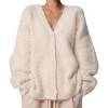 imagechouyatou Women Furry Open Front Cardigan VNeck Loose Casual Fluffy Knit Button Down Sweater CoatApricot