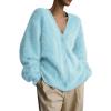 imagechouyatou Women Furry Open Front Cardigan VNeck Loose Casual Fluffy Knit Button Down Sweater CoatAzure