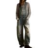 imagechouyatou Womens 2025 Baggy Adjustable Strap Denim Bib Overall Distressed Wide Leg Barrel Jeans Overall JumpsuitsRetro Blue