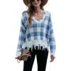 imagechouyatou Womens Cute Y2k Ripped Sweater Frayed VNeck LooseFit Floral Knitted Pullover Crop TopChecked Blue