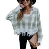 imagechouyatou Womens Cute Y2k Ripped Sweater Frayed VNeck LooseFit Floral Knitted Pullover Crop TopChecked Green