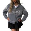 imagechouyatou Womens Fair Isle Sweater Coat Tribal Aztec Floral Zip Up Vintage Shawl Collar Knit CardiganGrey