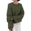 imagechouyatou Womens Fall Cable Knit Pullover Sweater Crewneck Loose Chunky Sweater Jumper TopsArmy Green