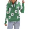 imagechouyatou Womens Fall Cute Floral Polo Collared Sweater 12 Zip Up Fuzzy Jacquard Knit Pullover Jumper TopsGreen