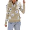 imagechouyatou Womens Fall Cute Floral Polo Collared Sweater 12 Zip Up Fuzzy Jacquard Knit Pullover Jumper TopsKhaki