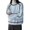 imagechouyatou Womens Fall Turtleneck Sweater Contrast Ribbed Knit Jumper Pullover Tops Casual Loose KnitwearLight Blue