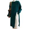 imagechouyatou Womens Sexy High Slit Long Sweaters Casual Crewneck Slouchy Tunic Sweater Pullover Knit Jumper TopsBlackish Green