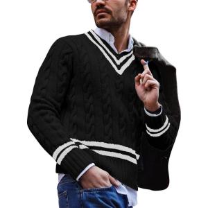 imagechouyatou Mens Casual V Neck Contrast Stripes Cable Knit Pullover Sweater TopsBlack