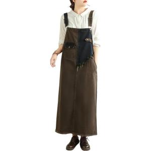 imagechouyatou Women Baggy Adjustable Strap Distressed Denim Overall Dress Splicing Pinafore Jean Tank DressBrown
