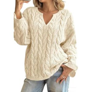 imagechouyatou Women Fall Notch VNeck Cable Knit Pullover Sweater Loose Winter Chunky Cozy Sweater Jumper TopBeige