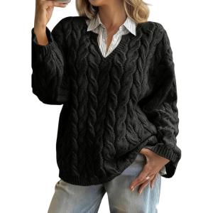 imagechouyatou Women Fall Notch VNeck Cable Knit Pullover Sweater Loose Winter Chunky Cozy Sweater Jumper TopBlack