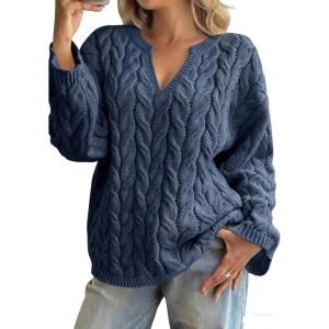 imagechouyatou Women Fall Notch VNeck Cable Knit Pullover Sweater Loose Winter Chunky Cozy Sweater Jumper TopDark Blue