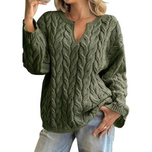 imagechouyatou Women Fall Notch VNeck Cable Knit Pullover Sweater Loose Winter Chunky Cozy Sweater Jumper TopGreen