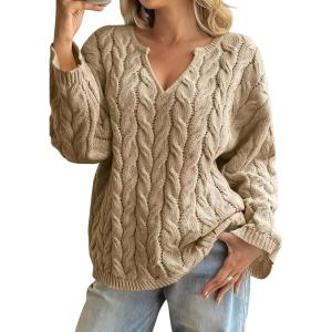 imagechouyatou Women Fall Notch VNeck Cable Knit Pullover Sweater Loose Winter Chunky Cozy Sweater Jumper TopKhaki