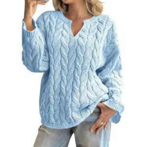 imagechouyatou Women Fall Notch VNeck Cable Knit Pullover Sweater Loose Winter Chunky Cozy Sweater Jumper TopLight Blue