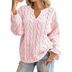 imagechouyatou Women Fall Notch VNeck Cable Knit Pullover Sweater Loose Winter Chunky Cozy Sweater Jumper TopPink