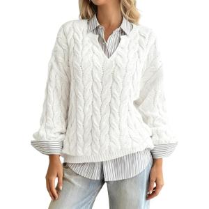 imagechouyatou Women Fall Notch VNeck Cable Knit Pullover Sweater Loose Winter Chunky Cozy Sweater Jumper TopWhite