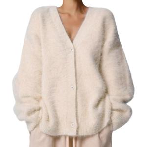 imagechouyatou Women Furry Open Front Cardigan VNeck Loose Casual Fluffy Knit Button Down Sweater CoatApricot